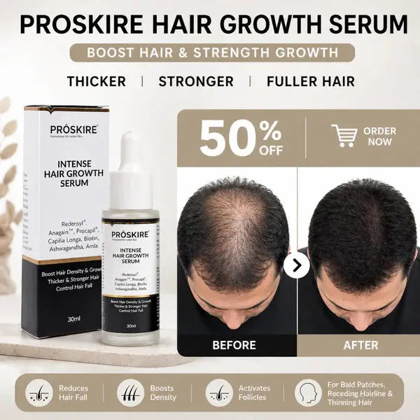Proskire Hair Growth Serum – Reduces Hair Fall, Boosts Hair Density, Activates Follicles – For Bald Patches, Receding Hairline & Thinning Hair | BUY 1 GET 1 FREE