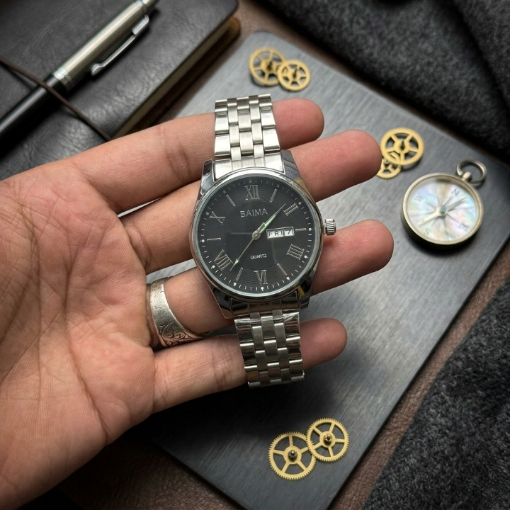 Baima Quartz Stainless Steel Wristwatch With Roman Numerals And Day Date Display | Black With Black Dial